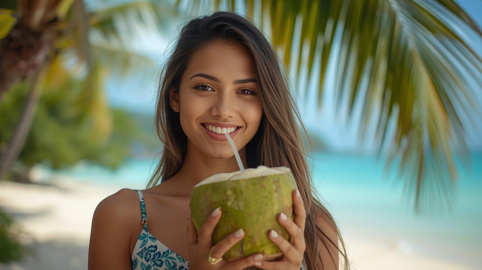Mulher bebendo água de coco